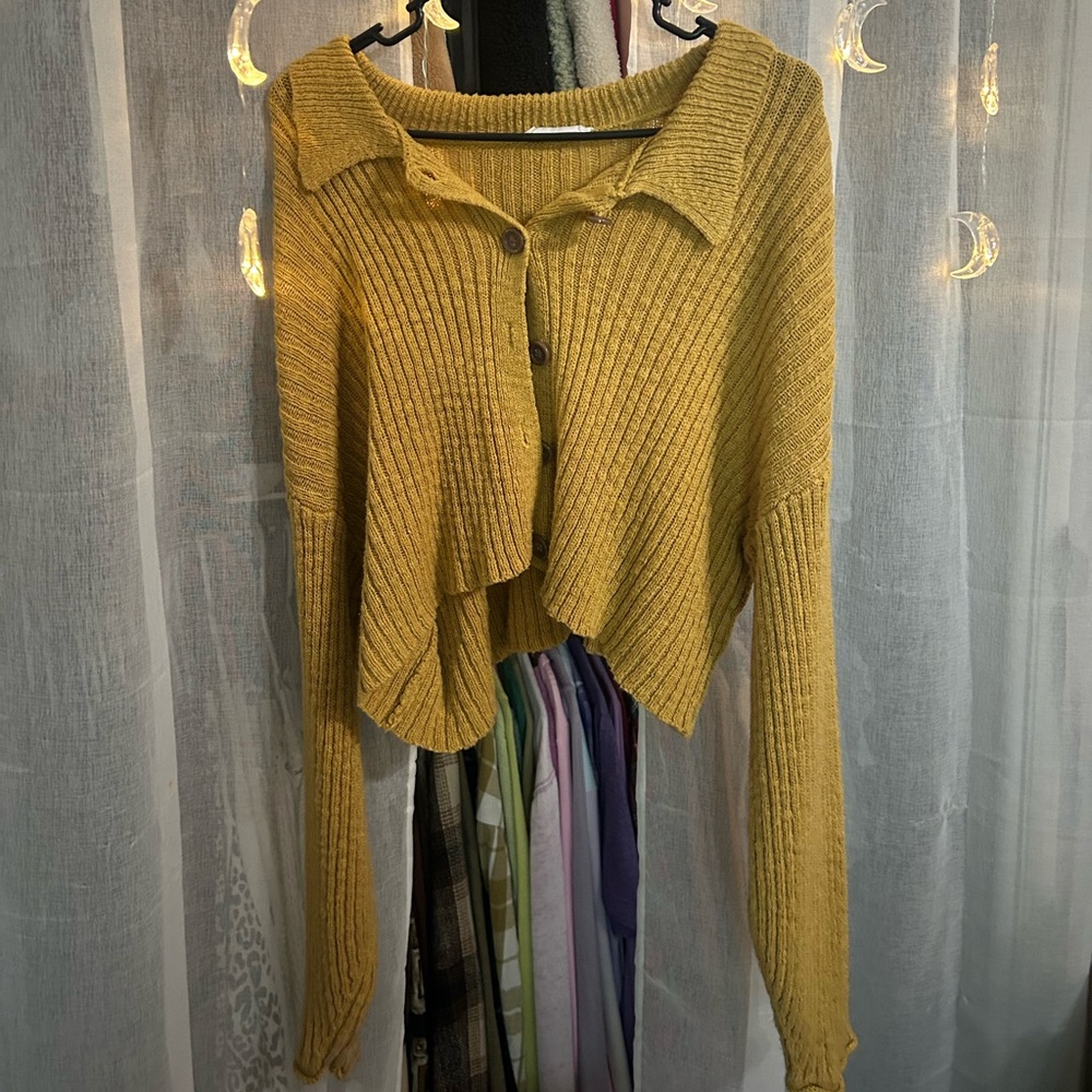 mustard yellow button up cardigan with collar